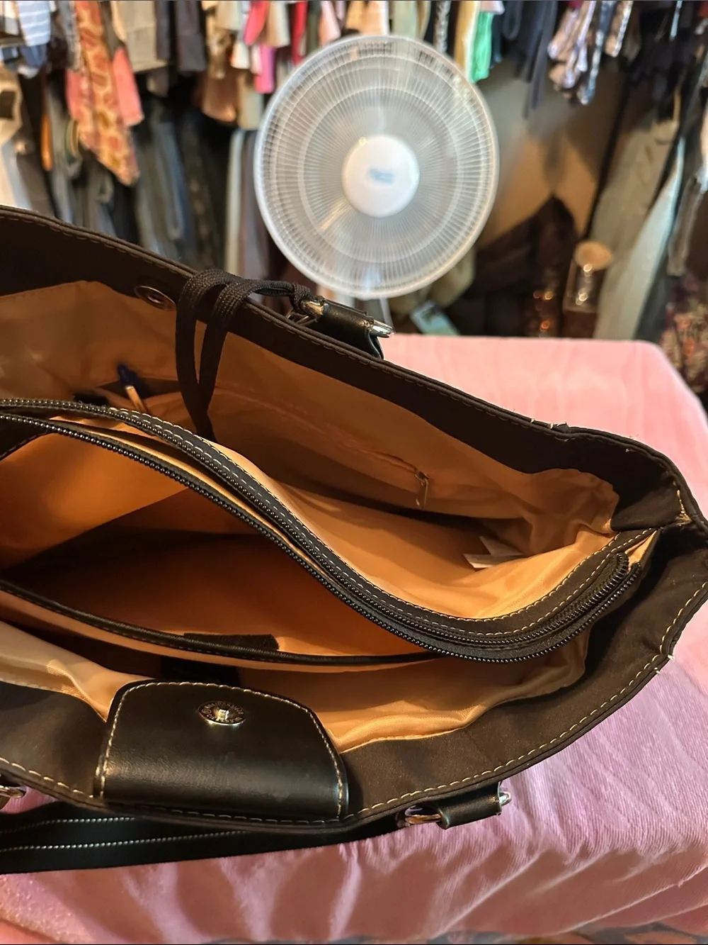 Men's Black Multi-Pocket Briefcase Tote with Contrast Stitching